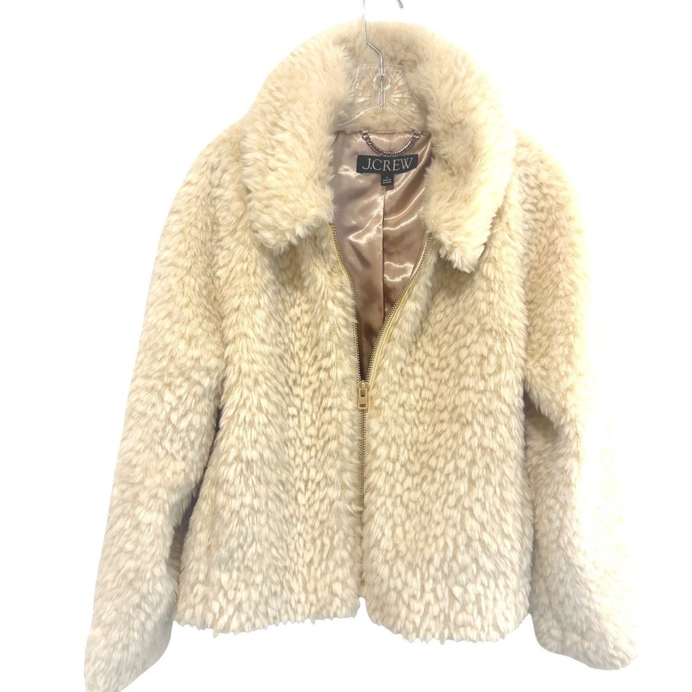 J.Crew Faux Fur Jacket Coat Womens L Ivory Cream Full Zip Teddy Bear High Pile - Picture 3 of 9